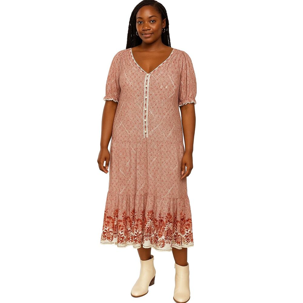 Chelsea & Violet Boho Maxi Dress L Red White Floral Print Smocked Sleeve Tiered
